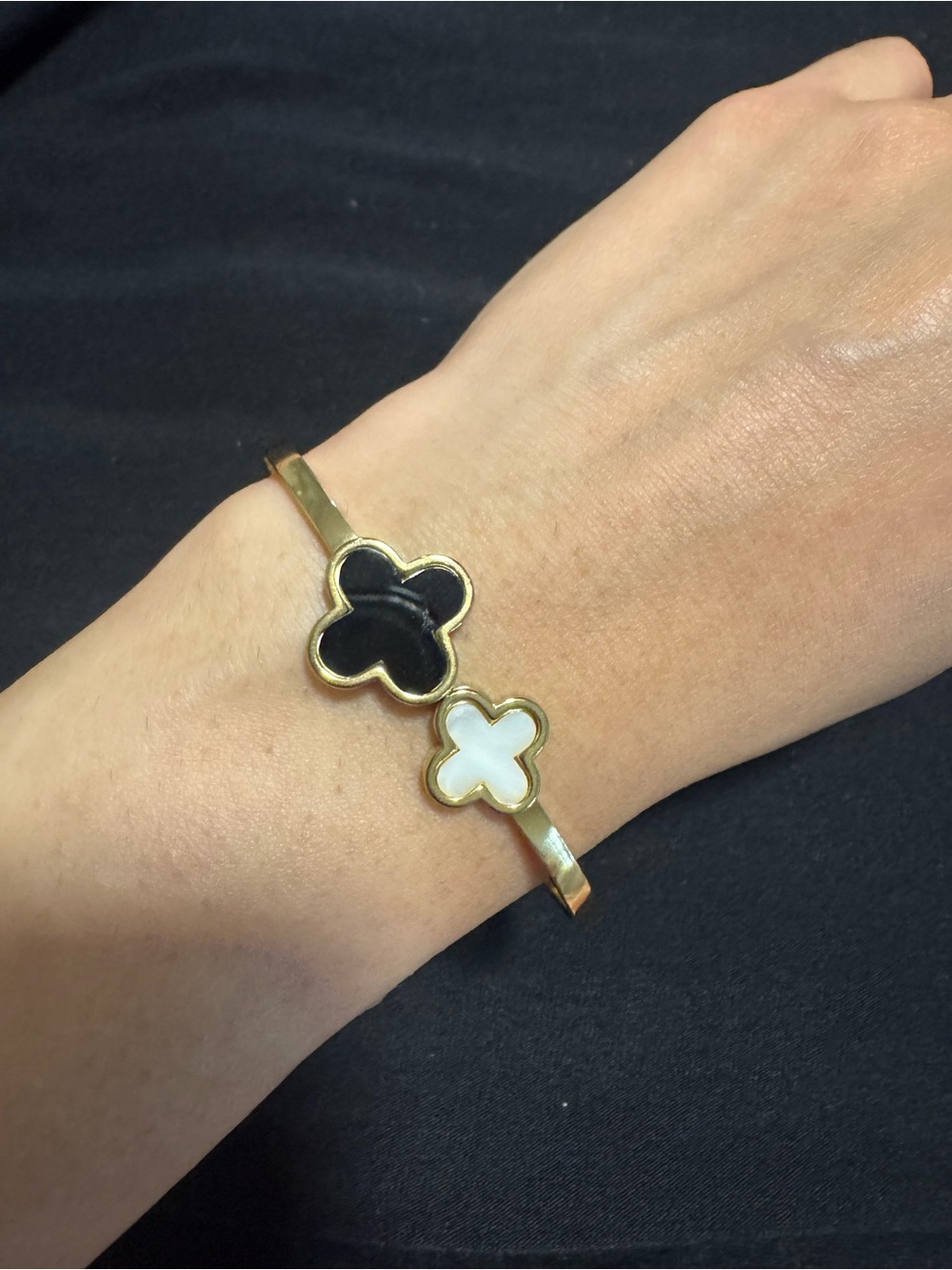 14kt Plated Gold Cuff Bracelet with Black and White Clover Accents
